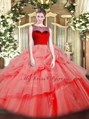 Sleeveless Floor Length Beading and Appliques Zipper Quinceanera Dresses with Watermelon Red