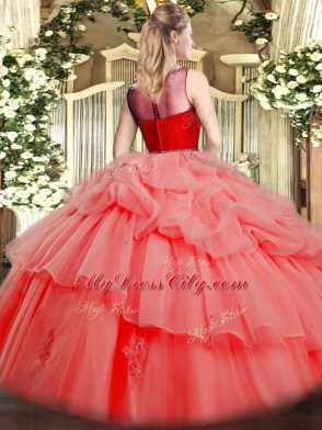 Sleeveless Floor Length Beading and Appliques Zipper Quinceanera Dresses with Watermelon Red