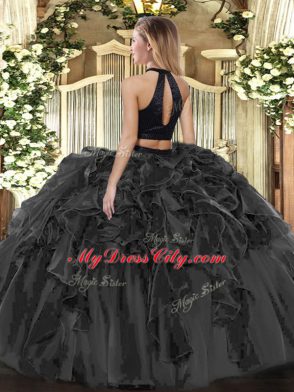 Deluxe Ball Gowns Sweet 16 Quinceanera Dress Olive Green Halter Top Organza Sleeveless Floor Length Backless