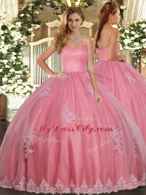 Sleeveless Floor Length Beading and Appliques Lace Up Quince Ball Gowns with Watermelon Red