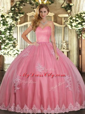 Sleeveless Floor Length Beading and Appliques Lace Up Quince Ball Gowns with Watermelon Red