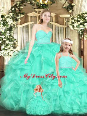 Apple Green Organza Lace Up Sweetheart Sleeveless Floor Length Quince Ball Gowns Lace and Ruffles