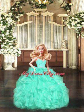 Apple Green Organza Lace Up Sweetheart Sleeveless Floor Length Quince Ball Gowns Lace and Ruffles