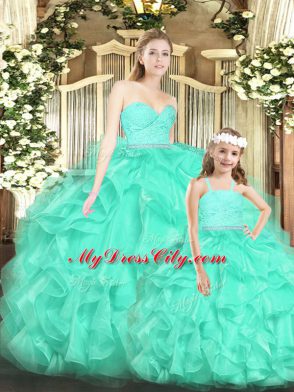 Apple Green Organza Lace Up Sweetheart Sleeveless Floor Length Quince Ball Gowns Lace and Ruffles