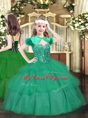 Classical Turquoise Lace Up Little Girls Pageant Dress Wholesale Beading and Ruffled Layers Sleeveless Floor Length