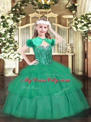 Classical Turquoise Lace Up Little Girls Pageant Dress Wholesale Beading and Ruffled Layers Sleeveless Floor Length