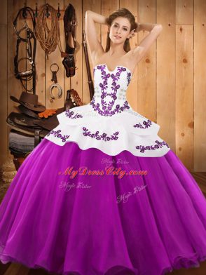 On Sale Floor Length Fuchsia Vestidos de Quinceanera Satin and Organza Sleeveless Embroidery