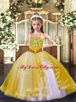 Gold Sleeveless Floor Length Beading Lace Up Evening Gowns