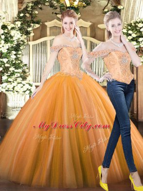 Designer Off The Shoulder Sleeveless Sweet 16 Quinceanera Dress Floor Length Beading Orange Red Tulle
