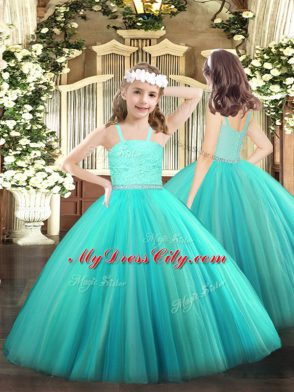 Turquoise Ball Gowns Tulle Straps Sleeveless Beading and Lace Floor Length Zipper Child Pageant Dress