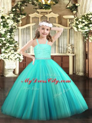 Turquoise Ball Gowns Tulle Straps Sleeveless Beading and Lace Floor Length Zipper Child Pageant Dress
