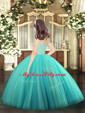 Turquoise Ball Gowns Tulle Straps Sleeveless Beading and Lace Floor Length Zipper Child Pageant Dress