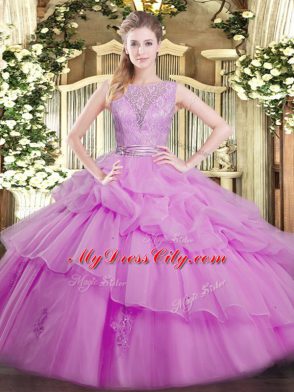Floor Length Lilac Quince Ball Gowns Organza Sleeveless Lace and Ruffled Layers