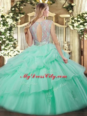 Floor Length Lilac Quince Ball Gowns Organza Sleeveless Lace and Ruffled Layers