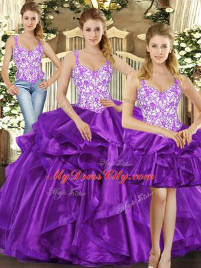 Floor Length Eggplant Purple Sweet 16 Dresses Straps Sleeveless Lace Up
