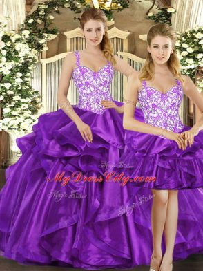 Floor Length Eggplant Purple Sweet 16 Dresses Straps Sleeveless Lace Up
