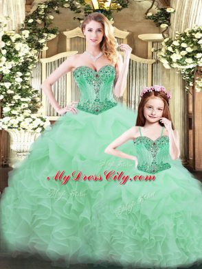 Amazing Apple Green Sweetheart Neckline Beading and Ruffles Ball Gown Prom Dress Sleeveless Lace Up