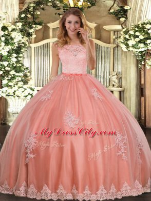 Watermelon Red Ball Gowns Scoop Sleeveless Tulle Floor Length Clasp Handle Lace and Appliques Sweet 16 Dress