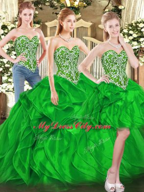 Green Sleeveless Beading and Ruffles Floor Length 15th Birthday Dress