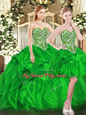 Green Sleeveless Beading and Ruffles Floor Length 15th Birthday Dress