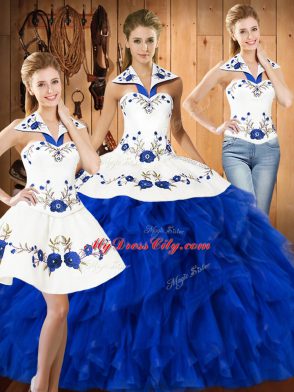 Satin and Organza Halter Top Sleeveless Lace Up Embroidery and Ruffles 15 Quinceanera Dress in Blue And White