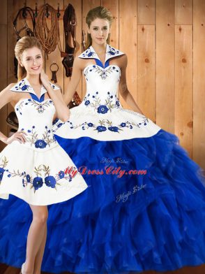 Satin and Organza Halter Top Sleeveless Lace Up Embroidery and Ruffles 15 Quinceanera Dress in Blue And White