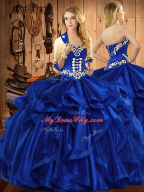 Best Selling Royal Blue Lace Up Sweetheart Embroidery and Ruffles Sweet 16 Dresses Organza Sleeveless