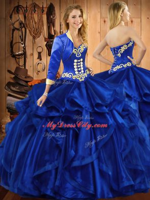 Best Selling Royal Blue Lace Up Sweetheart Embroidery and Ruffles Sweet 16 Dresses Organza Sleeveless