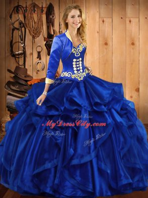 Best Selling Royal Blue Lace Up Sweetheart Embroidery and Ruffles Sweet 16 Dresses Organza Sleeveless