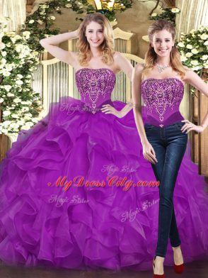Wonderful Organza Sweetheart Sleeveless Lace Up Beading and Ruffles Sweet 16 Dresses in Purple
