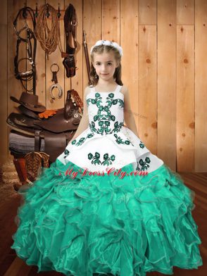 Turquoise Ball Gowns Straps Sleeveless Organza Floor Length Lace Up Embroidery and Ruffles Child Pageant Dress
