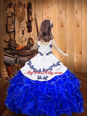 Turquoise Ball Gowns Straps Sleeveless Organza Floor Length Lace Up Embroidery and Ruffles Child Pageant Dress