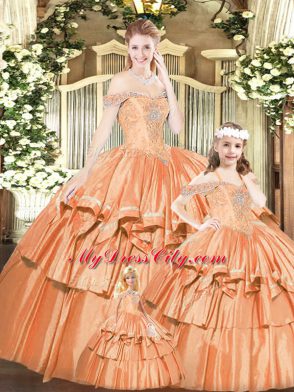 Admirable Rust Red Ball Gowns Off The Shoulder Sleeveless Tulle Floor Length Lace Up Beading and Ruffles Quince Ball Gowns