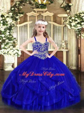 Royal Blue Ball Gowns Tulle Straps Sleeveless Beading and Ruffles Floor Length Lace Up Pageant Dress Womens