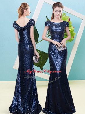 Lovely Navy Blue Zipper Scoop Sequins Prom Gown Sequined Cap Sleeves