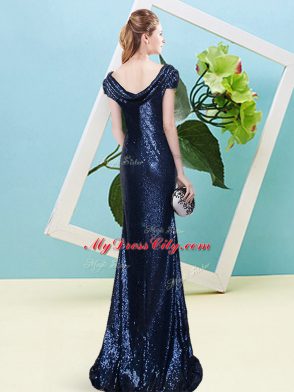 Lovely Navy Blue Zipper Scoop Sequins Prom Gown Sequined Cap Sleeves