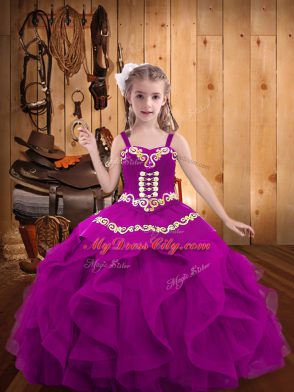 Fuchsia Lace Up Straps Embroidery and Ruffles Pageant Gowns For Girls Organza Sleeveless