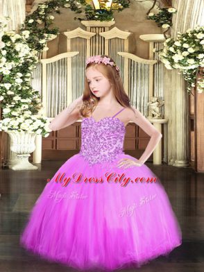 Ball Gowns Little Girls Pageant Gowns Lilac Spaghetti Straps Tulle Sleeveless Floor Length Lace Up