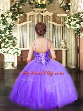 Ball Gowns Little Girls Pageant Gowns Lilac Spaghetti Straps Tulle Sleeveless Floor Length Lace Up