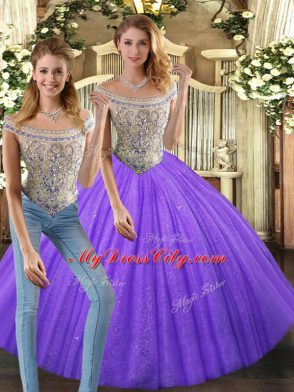 Eggplant Purple Two Pieces Tulle Bateau Sleeveless Beading Floor Length Lace Up Quince Ball Gowns