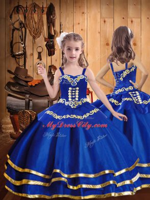 Simple Straps Sleeveless Kids Pageant Dress Floor Length Beading and Embroidery and Ruffled Layers Royal Blue Organza