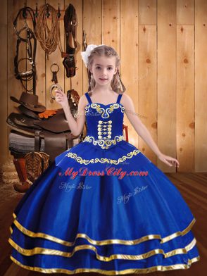 Simple Straps Sleeveless Kids Pageant Dress Floor Length Beading and Embroidery and Ruffled Layers Royal Blue Organza