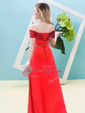 Perfect Off The Shoulder Lace Up Beading Prom Dress Short Sleeves