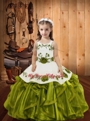 Olive Green Sleeveless Organza Lace Up Little Girls Pageant Dress for Sweet 16 and Quinceanera