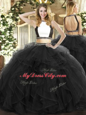 Elegant Black Tulle Backless Halter Top Sleeveless Floor Length Quinceanera Dresses Ruffles