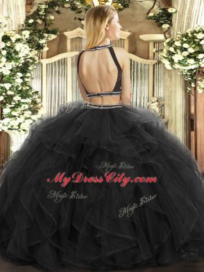 Elegant Black Tulle Backless Halter Top Sleeveless Floor Length Quinceanera Dresses Ruffles