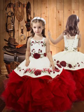 Fashion Satin and Tulle Sleeveless Floor Length Pageant Dress for Womens and Embroidery and Ruffles
