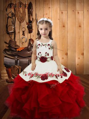Fashion Satin and Tulle Sleeveless Floor Length Pageant Dress for Womens and Embroidery and Ruffles