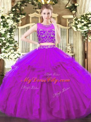 Purple Two Pieces Scoop Sleeveless Tulle Floor Length Zipper Beading and Ruffles Sweet 16 Quinceanera Dress