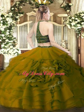 Green Zipper 15 Quinceanera Dress Beading and Ruffled Layers Sleeveless Floor Length